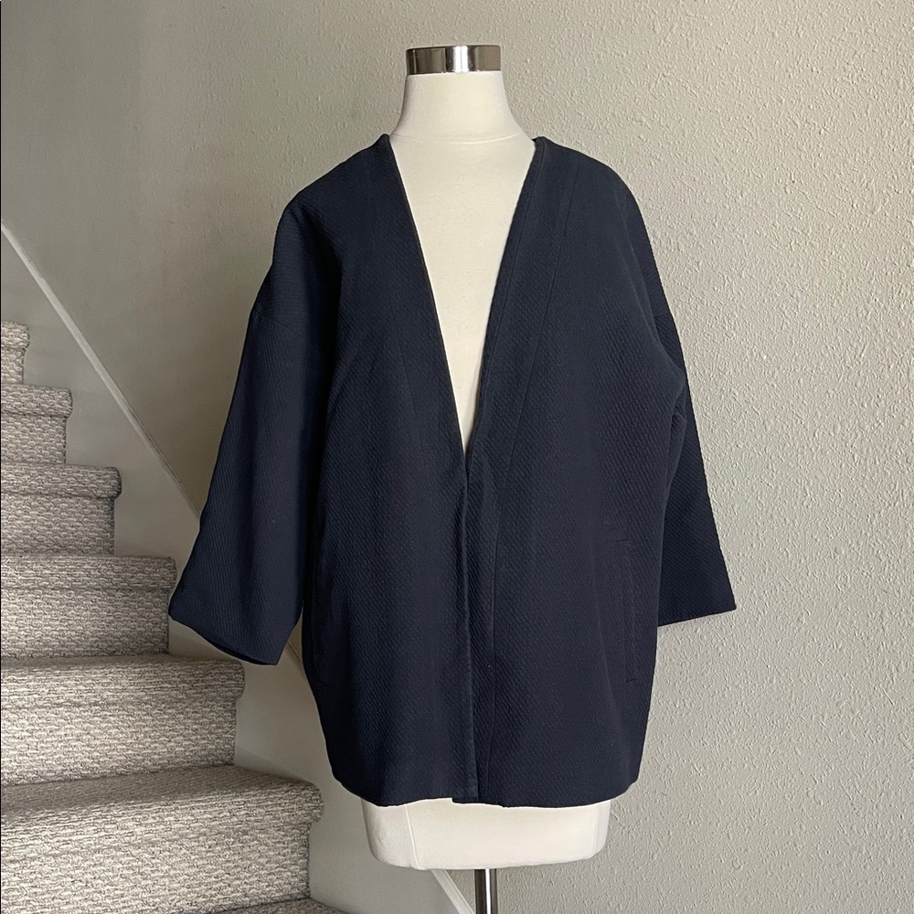 Monoprix Femme Sz 1 Textures Black Open Front Lantern Sleeve Jacket